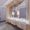 Modern Public Restroom Interior With Washbasins Mirrors Wooden Cabinets And Ceiling Lights