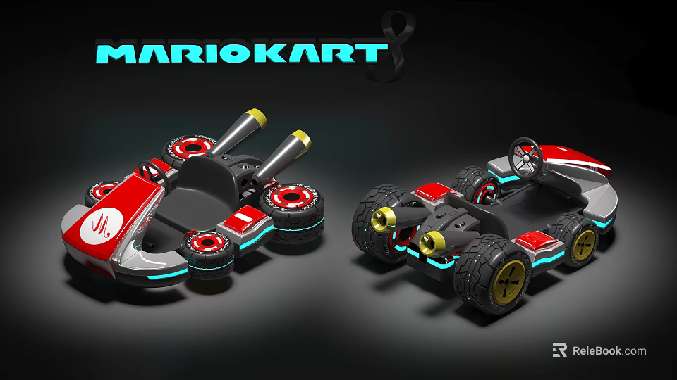 Mario Kart 8 Themed Functional Vehicle With Red White Design Large Wheels And Weapon Attachments 3d model 
