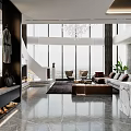 Modern Duplex Living Room Interior With Double Height Space Chandelier Sofa Armchairs And Wooden Staircase