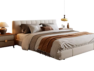 Modern Antique Double Bed Fabric Double Bed Solid Wood Bedside Table Bedside Chandelier Antique Table Lamp Antique Bedside Ornaments Modern Double Bed 3d model