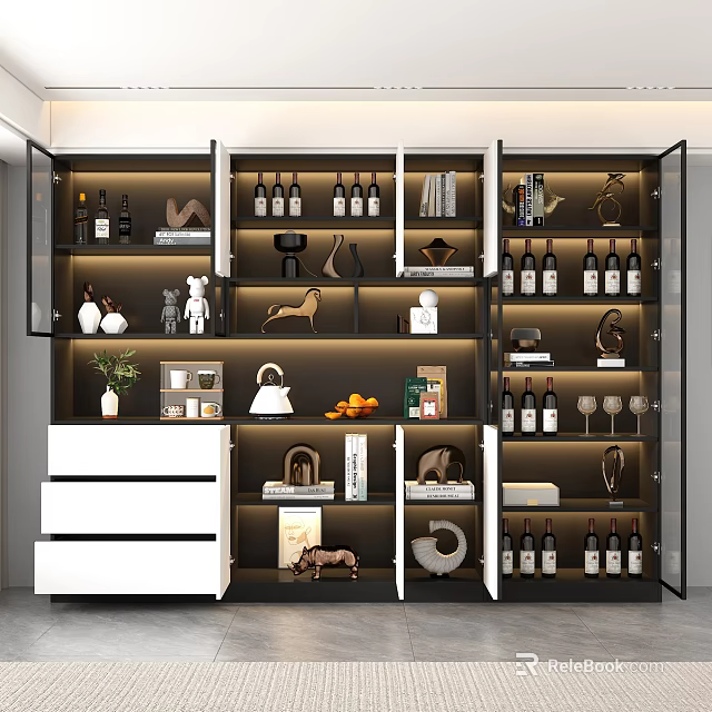 Modern Multi Tiered Wine Cabinet With Glass Doors Holding Wine Bottles And Decorative Items 3d model 