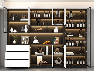 Modern Multi Tiered Wine Cabinet With Glass Doors Holding Wine Bottles And Decorative Items 3d model