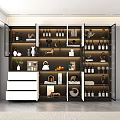 Modern Multi Tiered Wine Cabinet With Glass Doors Holding Wine Bottles And Decorative Items