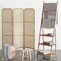 Wooden Ladder Style Bathroom Shelf with Folded Towels and Hanging Bathrobe