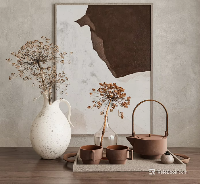 Tea Set Featuring Brown Teapot Cups Tray White Vase Dried Flowers Gray Wall Abstract Painting 3d model 