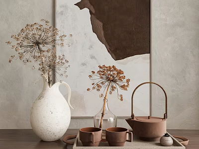 Tea Set Featuring Brown Teapot Cups Tray White Vase Dried Flowers Gray Wall Abstract Painting 3d model