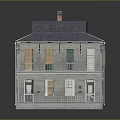 Two Story Detached House With Blue Roof Red Chimneys Light Gray Exterior And Green Shutters