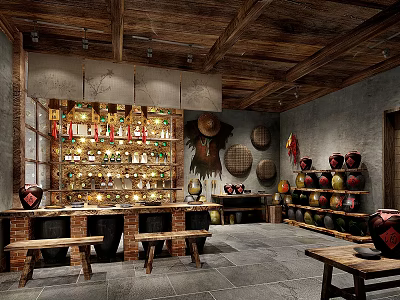 Traditional Restaurant Interior With Wooden Roof Brick Walls Wine Racks Clay Pots And Bamboo Decorations 3d model