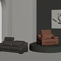 Brown Leather Accent Chair on Circular Platform in Modern Living Room with Abstract Art