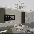 Modern Living And Dining Room With White Sofa Green Cushions Round Coffee Table And Chandelier