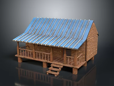 Wooden Log Cabin With Blue Striped Roof Porch And Stairs Design 3d model