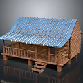 Wooden Log Cabin With Blue Striped Roof Porch And Stairs Design