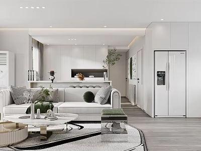 Modern Open Living Dining Room Interior With White Sofa Coffee Table Plants And Cabinets 3d model