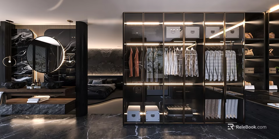 Modern Walk in Closet Interior With Glass Doors LED Lighting And Hanging Garments 3d model 