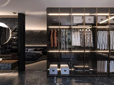 Modern Walk in Closet Interior With Glass Doors LED Lighting And Hanging Garments 3d model