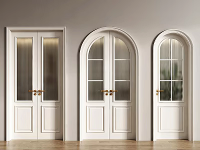 White Double Doors Featuring Various Designs Glass Panels Golden Handles Light Walls and Wooden Flooring 3d model