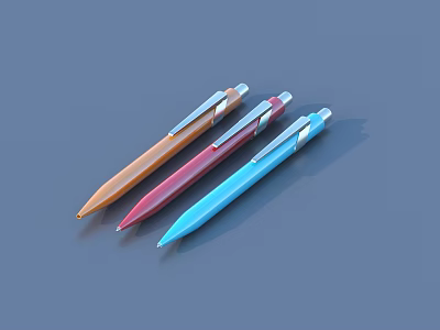 Colorful Ballpoint Pens In Orange Red And Blue With Metallic Clips On Gray Background 3d model