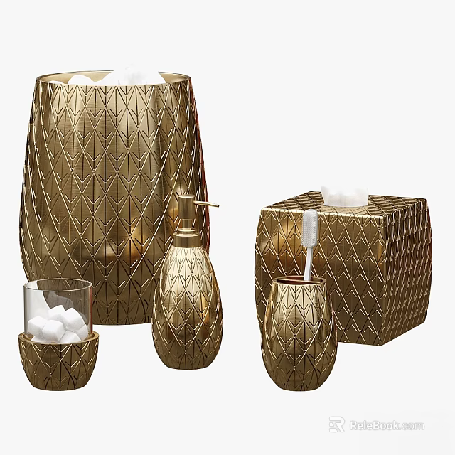 Gold Geometric Bathroom Essentials With Waste Bin Soap Dispenser Tissue Box Toothbrush Holder 3d model 