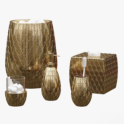 Gold Geometric Bathroom Essentials With Waste Bin Soap Dispenser Tissue Box Toothbrush Holder 3d model