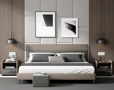 Modern Bedroom With Background Double Bed Wooden Wall Black White Paintings And Wall Lamps Nightstands 3d model
