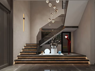 Modern Staircase Interior With Hanging Pendant Lights Red Sculpture And Decorative Items 3d model