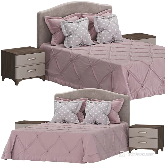 Double Bed With Pink Quilt White Polka Dot Pillows Gray Headboard And Nightstands 3d model 