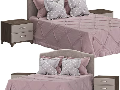 Double Bed With Pink Quilt White Polka Dot Pillows Gray Headboard And Nightstands 3d model