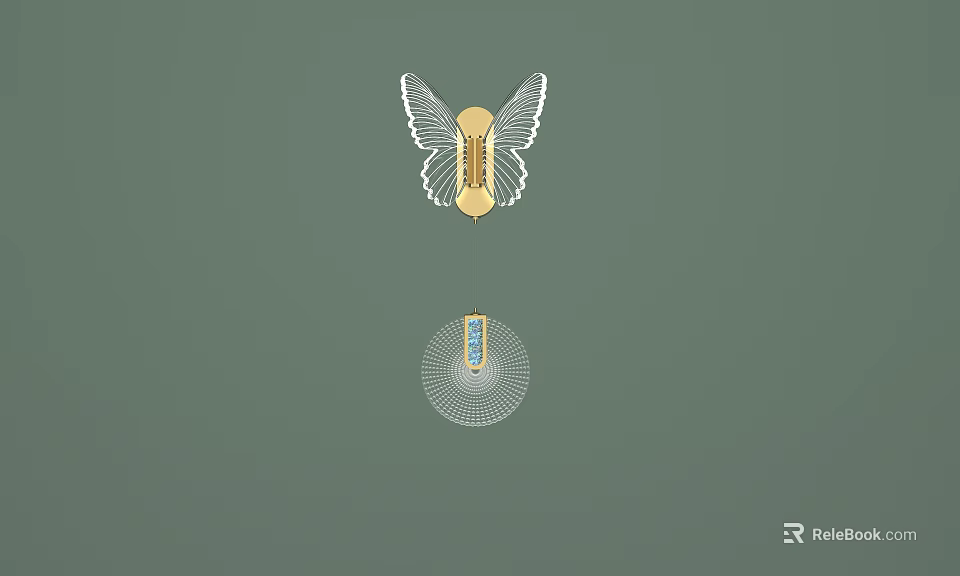 Wing Shaped Golden Wall Lamp With White Details And Circular Base Blue Accent Radiant Lines 3d model 