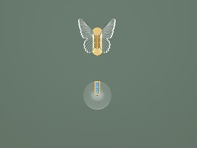Wing Shaped Golden Wall Lamp With White Details And Circular Base Blue Accent Radiant Lines 3d model