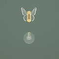 Wing Shaped Golden Wall Lamp With White Details And Circular Base Blue Accent Radiant Lines