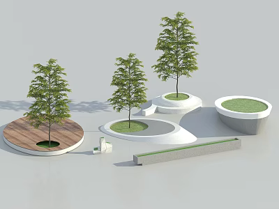 Modern Tree Planters With Various Shapes Green Grass And Trees In Urban Landscape 3d model