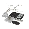 Decorative Ornament Set With Glass Vase Twigs Black Tray Bowl Patterned Boxes And Silver Ornament