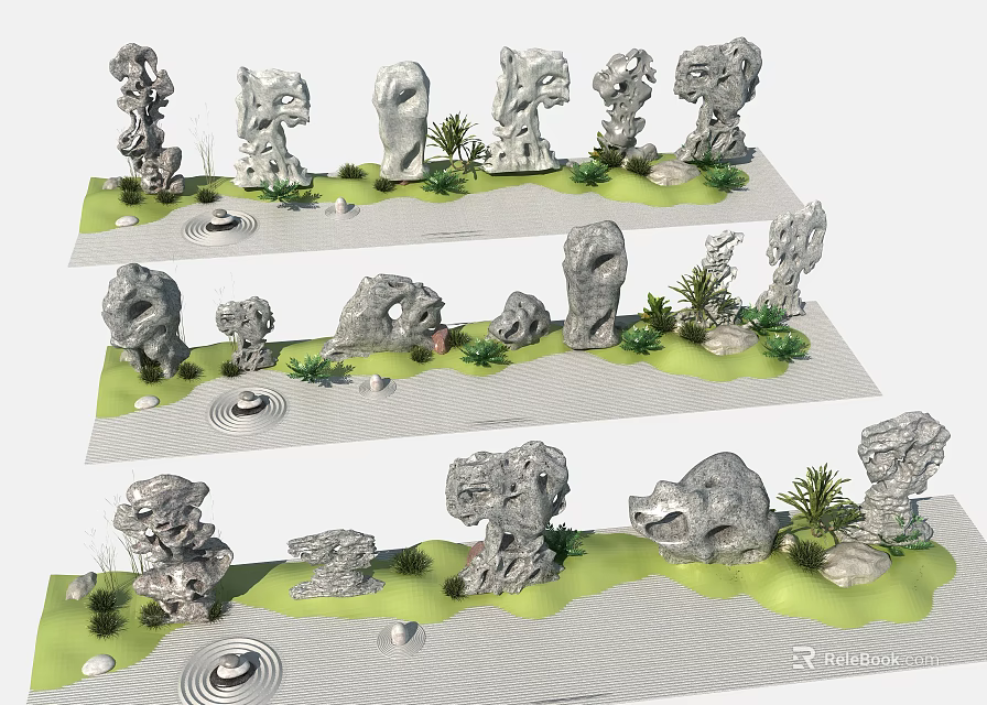 Creative Garden Ornaments With Carved Stone Sculptures Green Plants And Water Features 3d model 