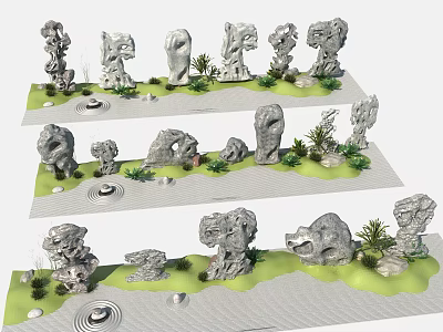 Creative Garden Ornaments With Carved Stone Sculptures Green Plants And Water Features 3d model