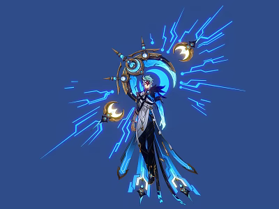 Man With Blue Energy Aura Moon Elements And Lightning Like Glow 3d model