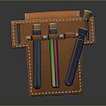Orange Leather Pen Case With Stitched Design And Three Different Colored Pens Including Wooden Cap