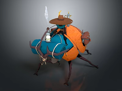 Fantasy Cartoon Beetle With Orange Shell Straw Hat Rider Blue Gear And Lantern 3d model