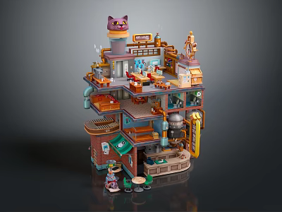 Detailed Multi Level Building Model With Cat Shaped Roof Workshop Shop Furniture And Decorative Pipes 3d model