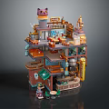 Detailed Multi Level Building Model With Cat Shaped Roof Workshop Shop Furniture And Decorative Pipes