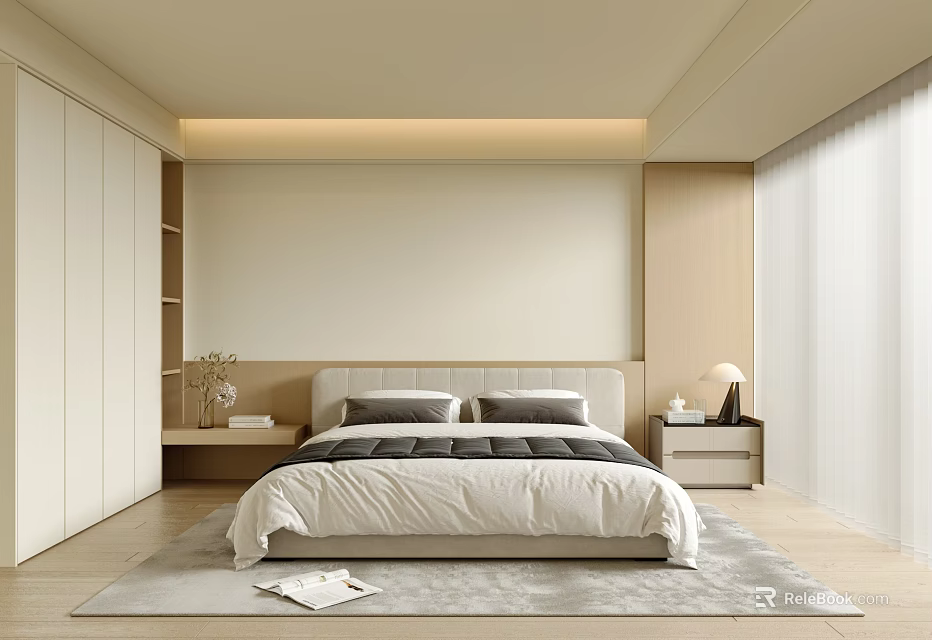 Modern Minimalist Bedroom Interior Design With Bed Nightstand Wardrobe And Soft Lighting Carpet 3d model 