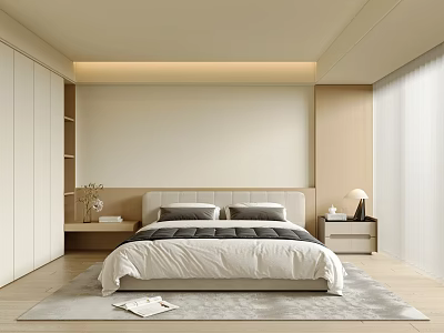 Modern Minimalist Bedroom Interior Design With Bed Nightstand Wardrobe And Soft Lighting Carpet 3d model