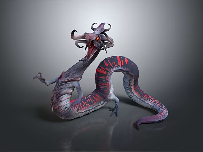 Mystical Fantasy Dragon Creature With Multiple Horns Long Serpentine Body And Glowing Red Eyes 3d model