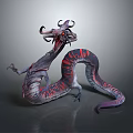 Mystical Fantasy Dragon Creature With Multiple Horns Long Serpentine Body And Glowing Red Eyes