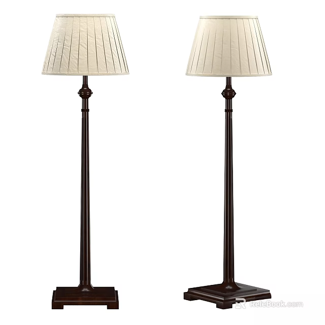Classic Style Floor Lamps With Cream Striped Fabric Shades And Dark Brown Wooden Stands 3d model 