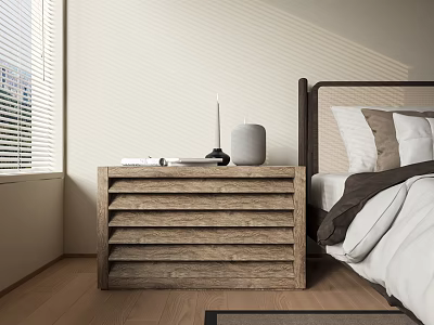 Wooden Bedside Table with Slatted Drawer Design in Modern Bedroom next to Bed and Window 3d model