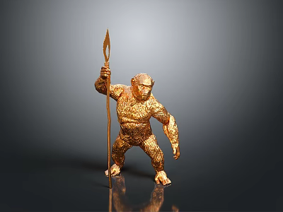 Golden Ape Sculpture Standing Holding Spear With Detailed Artistic Design 3d model