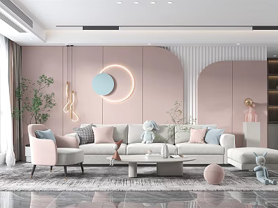 Soft Pink Living Room Interior With Circular Neon Light Sofa Throw Pillows And Plant 3d model
