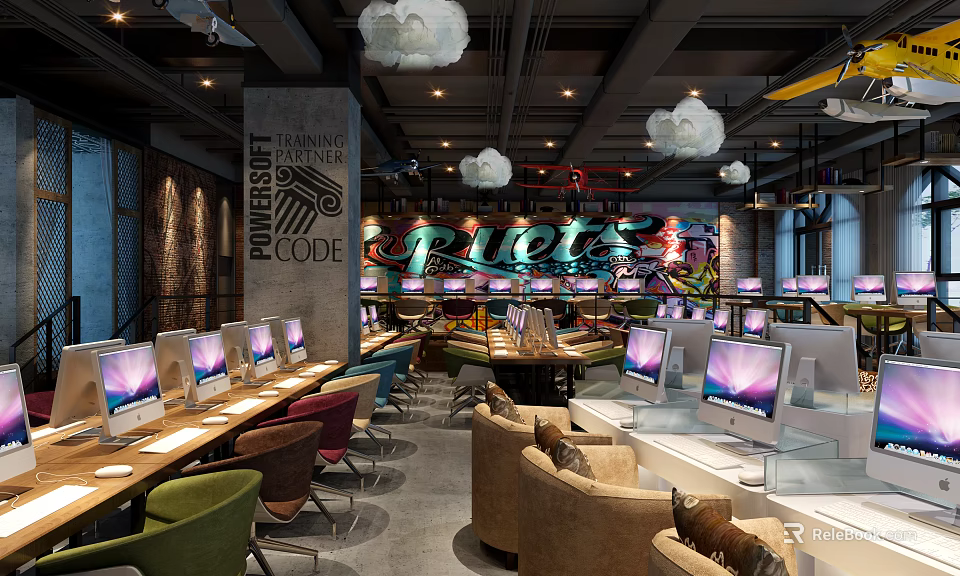 Modern Internet Cafe Interior With Multiple Computers Comfortable Seating And Neon Decor 3d model 