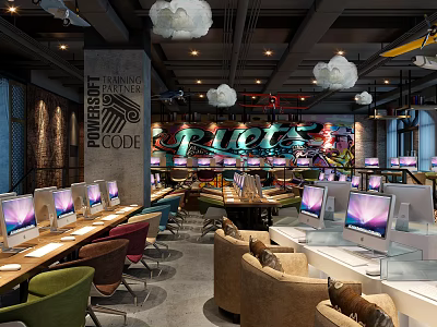 Modern Internet Cafe Interior With Multiple Computers Comfortable Seating And Neon Decor 3d model