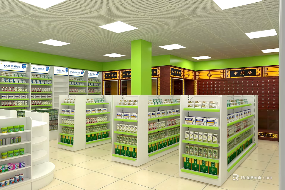 Pharmacy Specialty Store Interior with Shelves Full of Health Products and Green Pillars 3d model 